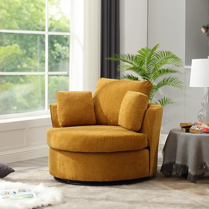 Swivel Barrel Chair Modern Fabric Oversized 360 Degree Club Accent Arm Chairs Single Round Living Room Sofa Chair w/ 3 Pillows for Nursery Bedroom Reading Office Yellow
