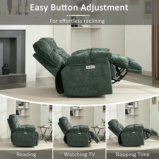 Oversized Recliner Chair Overstuffed Swivel Rocker with Extra Wide Seat &amp Breathable Fabric for Living Room (Power Green)
