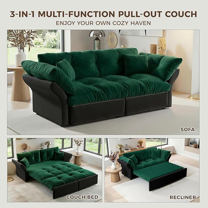 74.8 Queen Pull Out Couch BedVelvet Convertible Pull-Out Sofa Bed with Side Pockets3-in-1 Queen-Size Sleeper SofaSleeper Loveseat for Living RoomApartment Offices（Green）