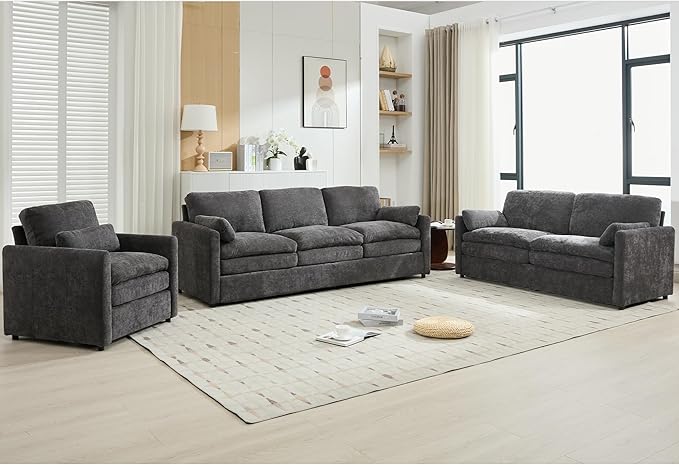 3-Piece Cozy Upholstered Sofa Set Upholstered Sofa Set with Single Sofa Loveseat and 3-Seater Sofa Oversized Comfy Cloud Sofa for Living Room Office Apartment (Grey-4c)