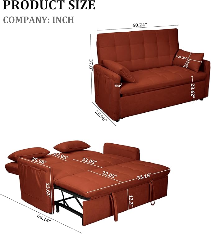 60 Pull Out Sofa Bed Linen Convertible Sleeper Couch Loveseat Chaise Lounge with Side Pockets Red Pullout Futon Sofa Bed for Living Room Bedroom Small Spaces RV (Red)