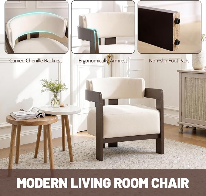 CIMOTA Modern Accent Chair Upholstered Barrel Side Chairs Chenille Fabric Guest Chair with Wooden Frame for Living Room Bedroom 1PC White