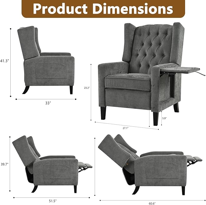 Wingback Recliner Chairs with Foldable Side Table&ampUSB Charging PortsMid Century Accent Single Sofa Small Recliner ChairModern Comfy Pushback Reclining Chair for Living Room (Polyester Grey)