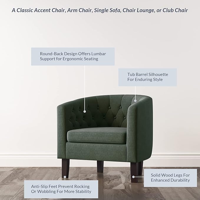 BELLEZE Green Accent Chairs for Living Room Set of 2 Elegant Arm Chairs Upholstered Tufted Barrel Chairs Club Chairs for Bedroom with Sturdy Legs and Linen Fabric - Berlinda (Green)