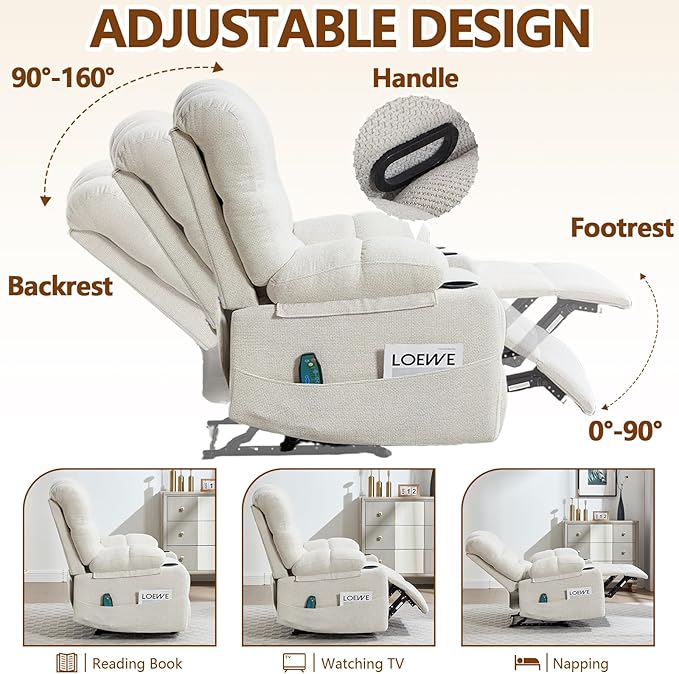 Massage Recliner Chair with Heat Beige Recliner Chair with Cup Holder for Adults Manual Reclining Chairs Large &amp Oversized Recliners for Living Room Fabric Heavy Duty (Beige)