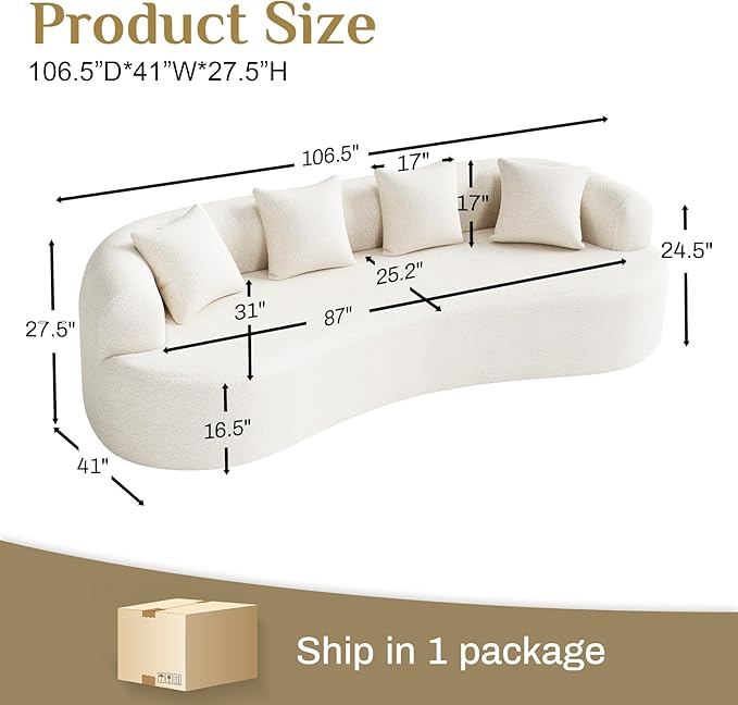 Oversized Sectional Sofa for Living Room Modern Luxury Plush Chenille 4-Seater Extra Deep &amp Wide Seat Curved Cloud Couch with 4 Throw Pillows No Assembly Needed Cream White