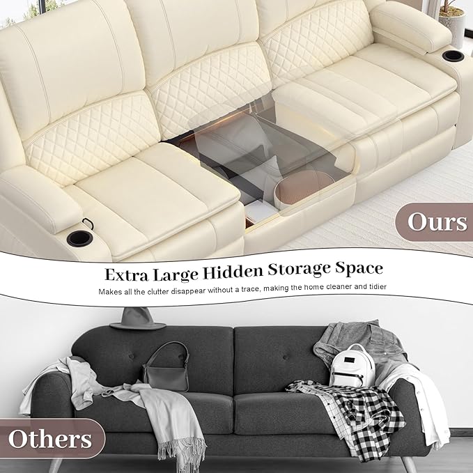 3-Seater Recliner Sofa Manual Reclining Couch with Multi-Functional Middle Seat Reclining Sofa for Living Room with Hidden Storage Space Cup Holders and Removable Console