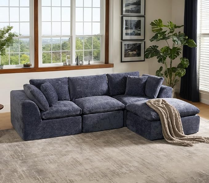 SITJOY 110 Boneless Sectional Couch Modular Cloud Couch with Washable Covers Soft Deep Seat Comfy Sofa with Chaise 3 Seater L Shaped Sofa with Ottoman‌ Chenille in Navy Blue