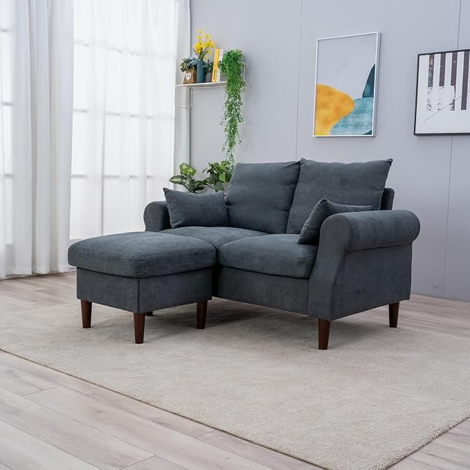 Panana Convertible Sectional Sofa CouchL-Shaped 2 or 3-Seat Sofa Sectional with Reversible Ottoman for Small Living Room Apartment (Gray Linen Fabric 2 Seater with Ottoman - Scroll arms)