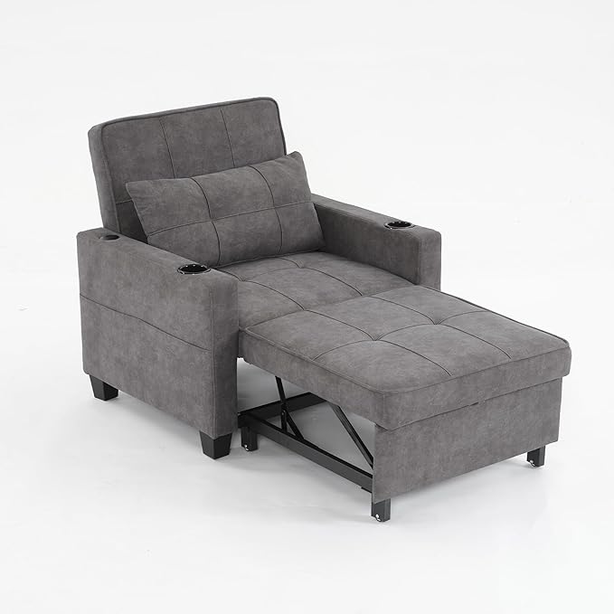 Sleeper Chair Bed Convertible Chair Bed Pull Out Chair Beds with USB Charging &amp Cupholders Adjustable Backrest Leather Futon Chair Bed for Living Room Bedroom (Dark Grey(Cloth))
