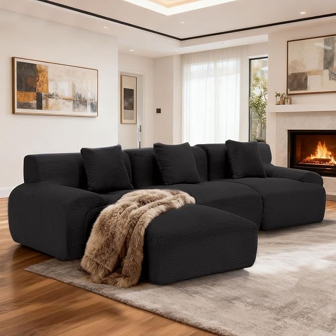 120 Modular Boneless Couch Cloud Couch Sectional Couches for Living Room with Ottoman Modern L-Shaped Modular Sectional Sofa with Deep Seat Corduroy 3-Seater Sleeper Sofas for Living Room (Black)