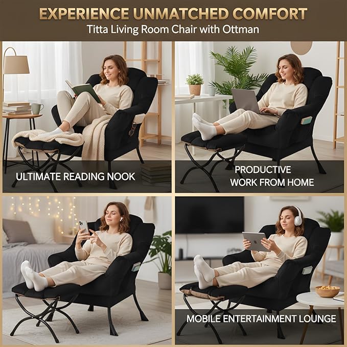 Tiita Lazy Chair with Ottoman Black Modern Large Accent Chair Comfy Leisure Sofa Armchair with Ottoman Reading Chair with Footrest for Bedroom Living Room Dorm Rooms Velvet Black