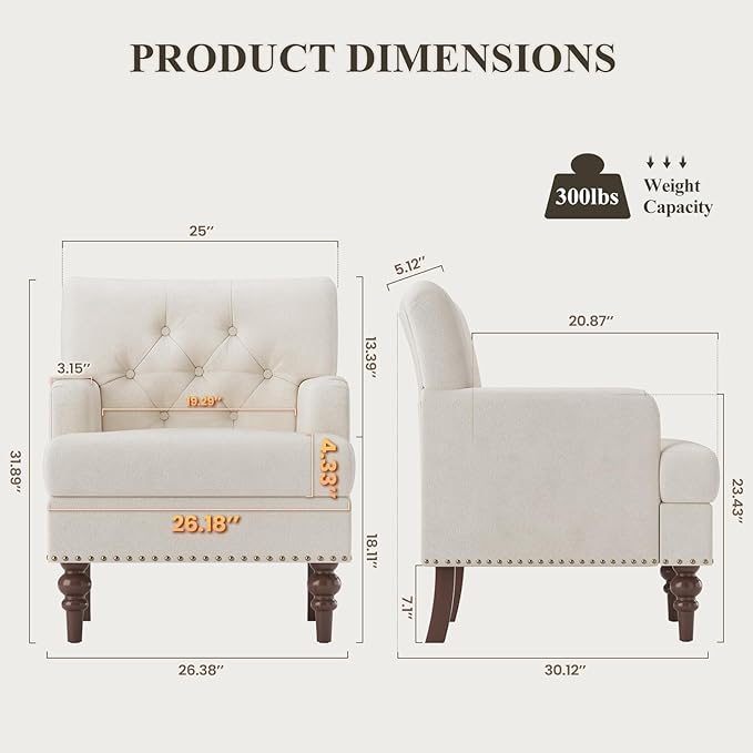 Upholstered Accent Chair with Thick Cushion High Back Reading Chair Linen Blend Armchair with Solid Rubberwood Legs for Living Room Bedroom Reading Apartment &amp Small SpacesBeigeSet of 2