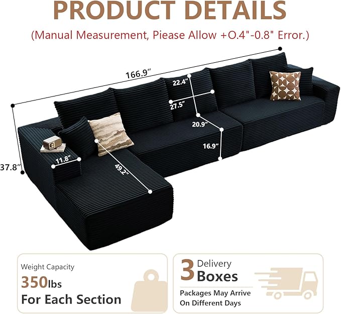 Cloud Modular Sectional Sofa for Living Room167x69.7 W Oversized L-Shaped Couch with 7 PillowsBig Comfy Couches SetFluffy Deep-Seat Corduroy Sofa with ChaiseNo Assembly (BlackLeft-Facing Chaise)