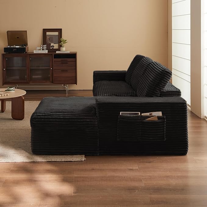 104 Modular Sectional Couch with Chaise Cloud Couch Deep Seat Fluffy Corduroy Sofa Memory Foam Boneless Couches for Living Room Bedroom No Assembly Required (Black 104 Right Chaise)