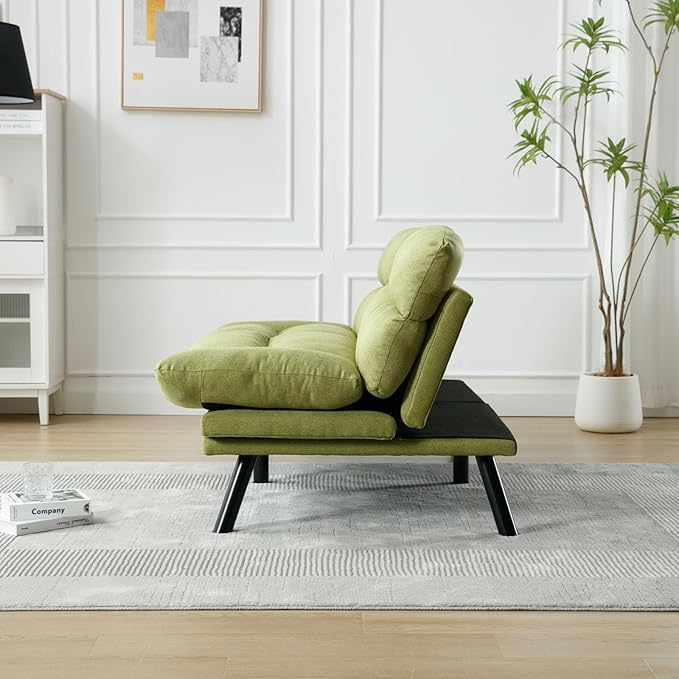 Convertible Futon Sofa Bed Linen Folding Loveseat Couch with Adjustable Backrest and Wooden LegsDouble Sleeper Sofa Couches for Small Spaces Living Rooms Apartment Office (Green)