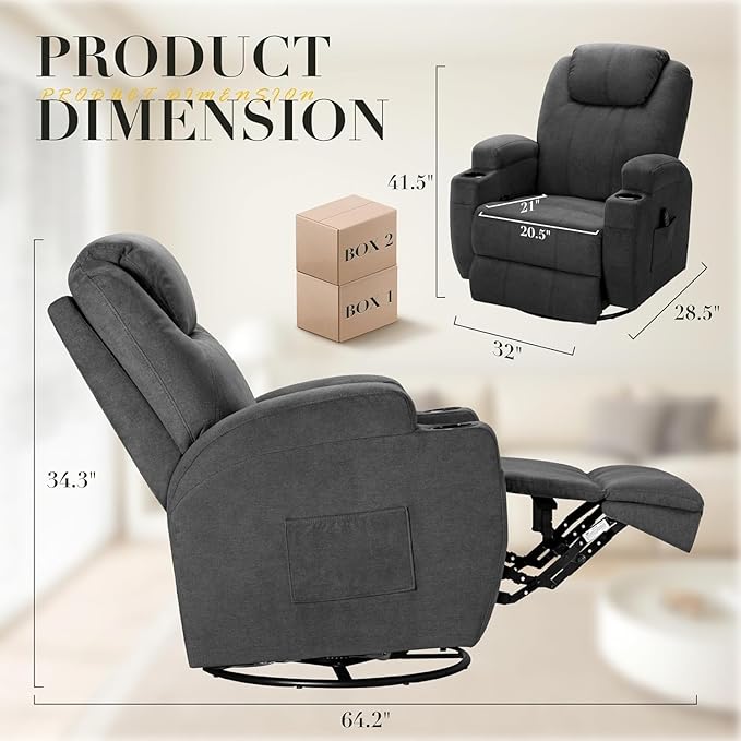 Recliner Chair 360° Swivel Rocker Chair for Adults Rocking Recliner Chair with Massage Comfy Single Sofa with Side Pockets Cup Holders for Living Room Bedroom Nursery (Fabric Dark Gray)