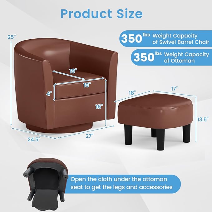 Giantex Swivel Small Accent Chair with Ottoman Modern Faux Leather Barrel Club Chair w/Footrest Removable Seat Cushion Swivel Single Sofa Arm Chair for Living Room Bedroom Office (Brown)