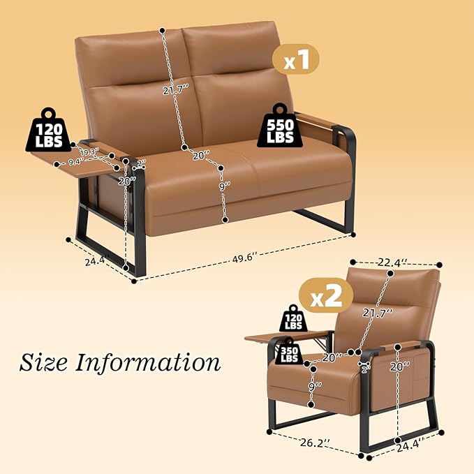 Faux Leather Sectional Couches for Living Room 3 Piece Loveseat and Chair Set with Flip Up Tray Tables Side Pockets Modern Modular Sectional Sofa for Office (2-Seat+1-Seat+1-Seat Brown)