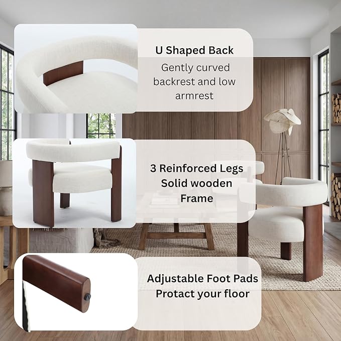 Modern Barrel Accent Chair Cozy Upholstered Beige Linen Living Room Chair for Bedroom Walnut Wood Frame Low Back Armchair Vintage Lounge Reading Chair for Apartment Waiting Room Office