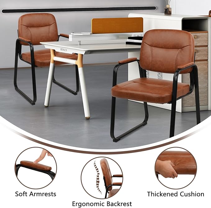 CLATINA Waiting Room Guest Chair with Bonded Leather Padded Arm Rest for Office Reception and Conference Desk Black with Sled Base Brown 1 Pack