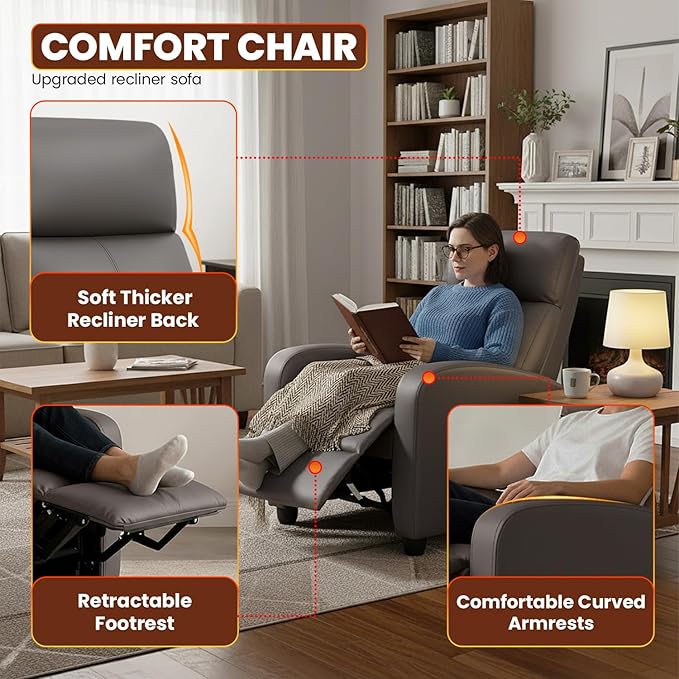 BestMassage | Recliner Chair | No Massage Function | Pu Grey | with Lumbar Support Adjustable Push Back Wide Armrests Footrest &amp Padded Seat | Easy Assembly | for Living Room Home Theatre