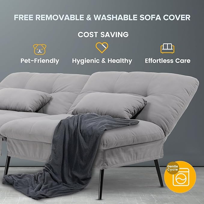 COMHOMA Convertible Sofa Bed68″Fabric Couch with Adjustable BackrestLoveseat Recliner Sleeper Living Room Furniture futon SetGrey
