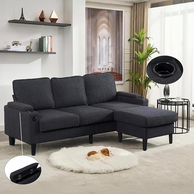WDYLWFHW78'' Sectional Sofa Couches for Living Room 3 Seat L-Shaped Couch with Storage Ottoman Upholstered L Shaped Sofas with Footrest &amp Cup Holder &amp USB for Apartment Bedroom (Black)