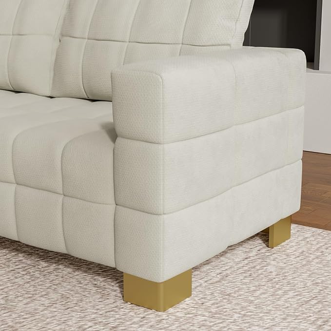 81.89 Sofa Comfy 3 Seat Sofa Tufted Chenille Upholstered Sofa Couch for Living Room with Gold Metal Legs and 2 Throw Pillows (BAIGE+1.5S)