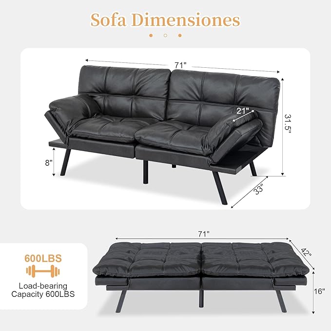 Opoiar Futon Sofa Bed Modern Memory Foam Sleeper Sofa Convertible Couch Adjustable Armrest&ampBackrest Black Matte Leather Futon for Living SpaceApartmentOffice Sofabed
