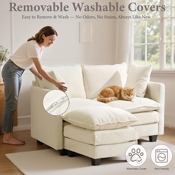 50 Loveseat Sofa with Ottoman| Chenille L Shape Love Seat Couch with 2 Pillows | 27.16 Deep Seat for Small Spaces Bedroom Dorm Apartment | Beige