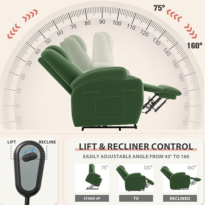 Flamaker Power Lift Chair Massage Recliner Chairs for Elderly Corduroy Ergonomic Design with Cup Holders &amp Side Pockets Remote Control (Green)