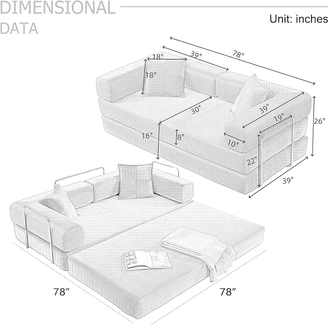 4-in-1 Folding Convertible Sofa Bed 78 Inch Oversized Corduroy Upholstered Boneless Couch Loveseat Sleeper with Pull Out Bed Floor Sofa Modular Futon Couch for Living Room Bedroom Lounge Green