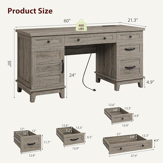GAOMON 60in Wooden Executive Desk with 5 Drawers Office Desk Computer Table with Charging Station Farmhouse Home Office Desk with File Cabinet Storage for Study and Home Office Rustic Gray