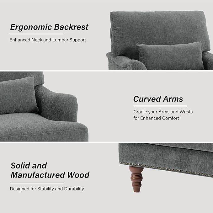 Mid-Century Modern Accent Chair Upholstered Chenille Arm Chair with Wood Frame &amp Pillow for Living Room Bedroom Comfy High-Resilient Sponge Reading Lounge Sofa Chair for Small Spaces