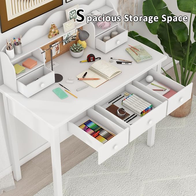 White Writing Desk with Hutch and Drawers 36 Inch Home Office Desk with Charge Station Computer Work Station with Storage Shelf