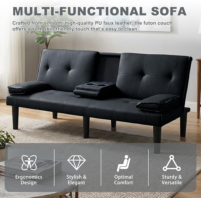 Futon Sofa Bed PU Leather Modern Convertible Futon Couch with Removable Armrests Cup Holders Loveseat Sleeper Sofa Bed for Living Room Apartment Small Spaces (Black)