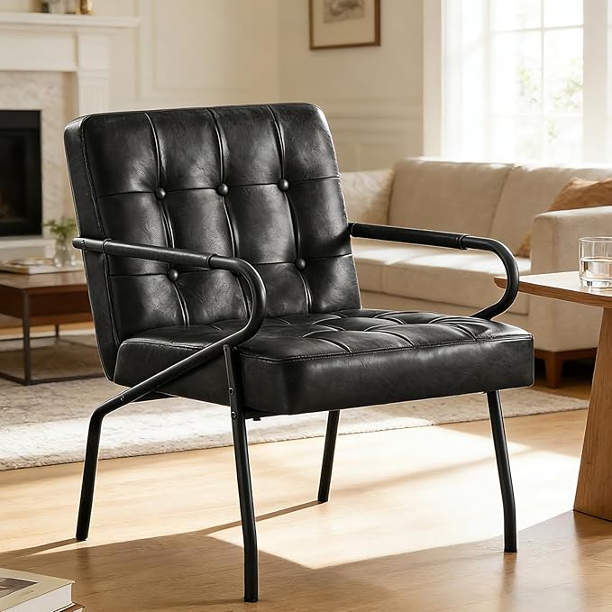 Modern Leather Accent Chair Comfy Reading Arm Chairs Ergonomic Lounge with Extra Soft Pocket Spring Cushion for Living Room Waiting Room Bedroom Office 300lbs Capacity Black
