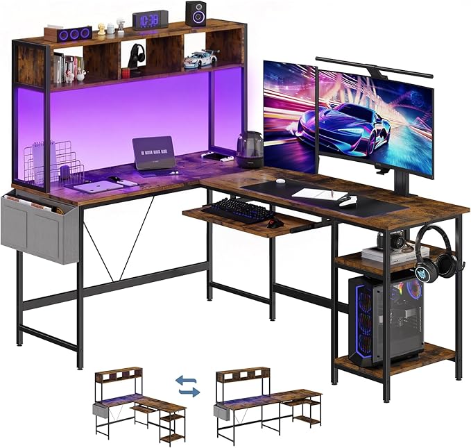 DUMOS L Shaped Gaming Desk 67” Reversible Computer Desks with Led Lights Corner Table with Keyboard Tray Side Bag Storage Shelf Metal Frame Wood Writing for Home Office Bedroom Brown