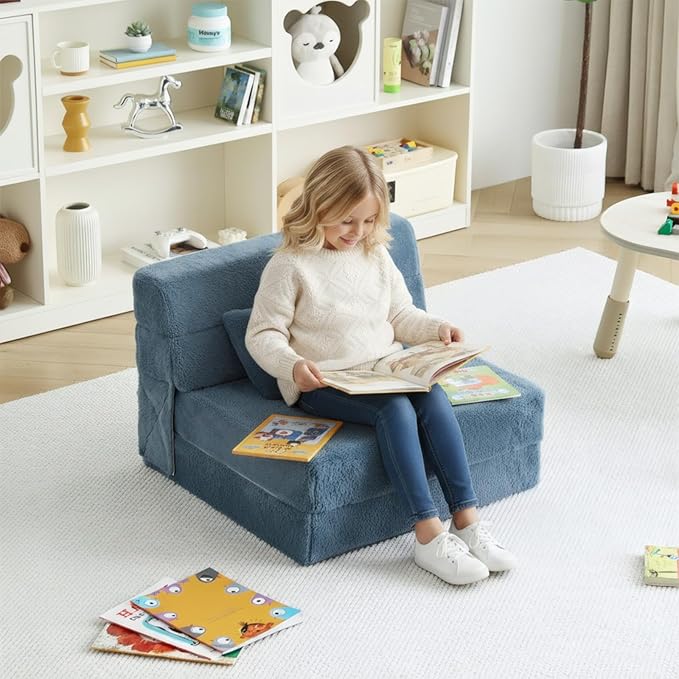 Tiita Convertible Folding Kids Sofa Bed with Pillow &amp Storage Bag Plush Fabric Floor Mattress Couch Bed Washable Cover Kids Room Playroom Dorm Apartment Blue Grey