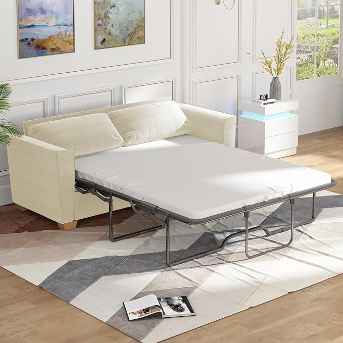 BALUS Velvet Full Size Pull Out Sofa Bed 71 W 2-in-1 Convertible Sleeper Sofa Pullout Couch Bed with Memory Foam Pillows and Mattress for Living Room Furniture Office Apartment Small Space Beige