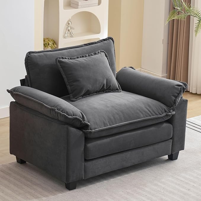 Sectional Sofa Modular Cloud Couch with Ottoman Deep Seat Sleeper Sofas with Throw Pillows Comfy Velvet Single Sofa for Living Room Apartment (Dark Grey Single Seat)