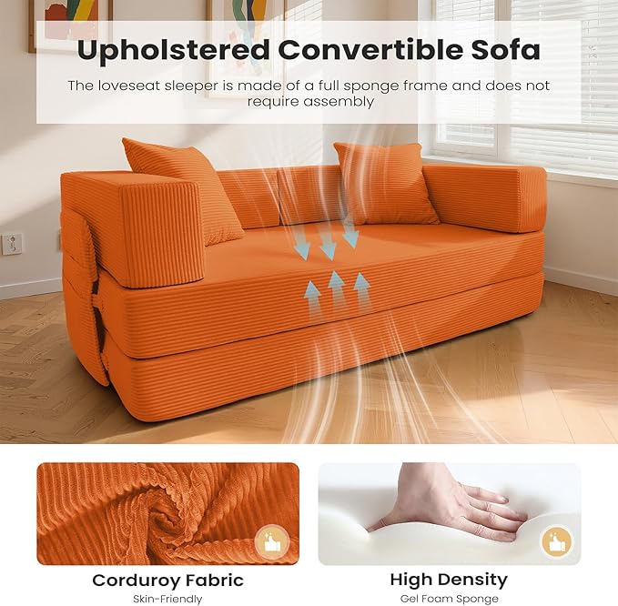 5‑in‑1 Futon Sofa Bed Queen–Floor Foldable Convertible Sofa Couch with L‑Shaped Armrests Removable Cover Orange Convertible Guest Bed | Space‑Saving Fold‑Out Mattress Lounge for Living Room/Bedroom