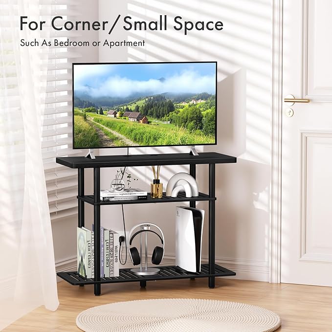 Bamboo TV Stand Small TV Stands for up to 32 Inch 3-Tier Entertainment Center TV Shelf with Storage Sturdy Corner TV Stand for Small Spaces Black