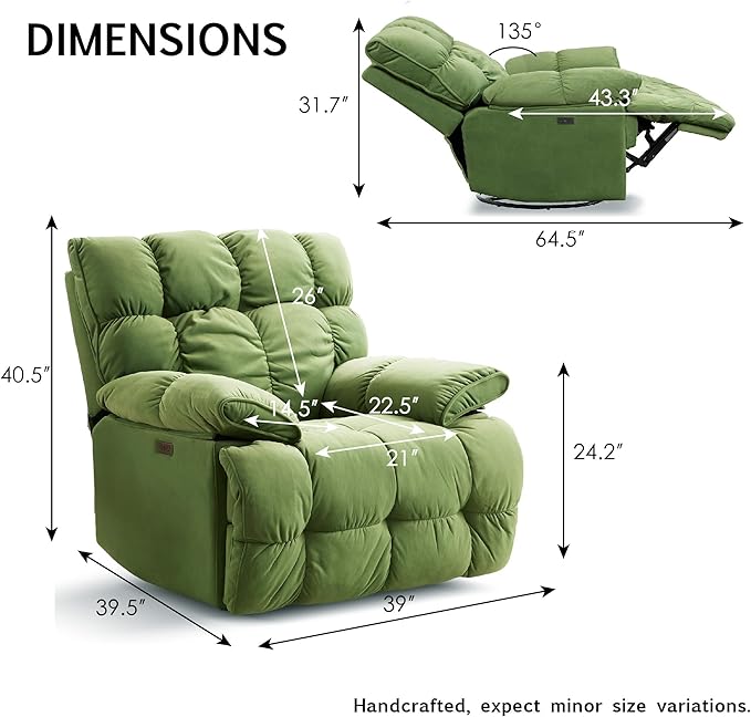 Dozzy Oversized Rocker Recliner ChairOverstuffed Rocking Chair Soft Padded Headrest and Armrest Manual Recliner Extra Large Living Room Chair Up to 350 LBS Power Green