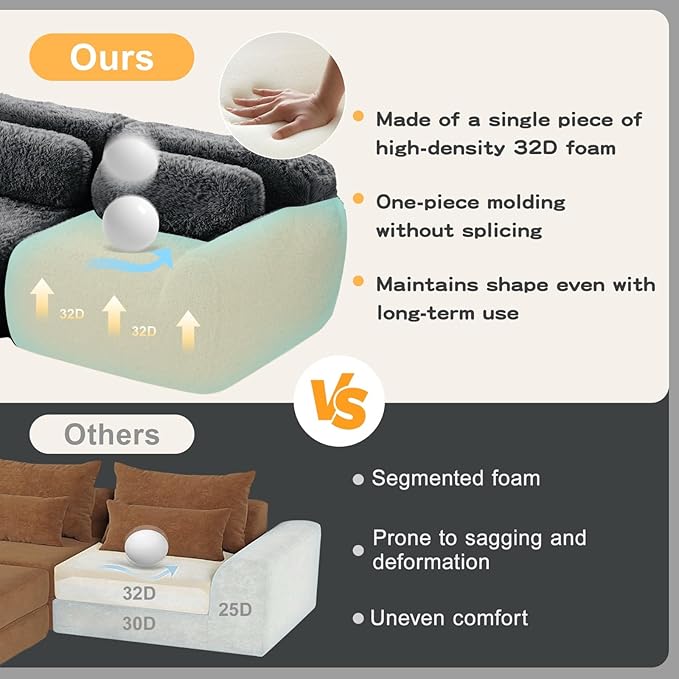 Modern Boneless Ottoman for Modular Sectional Sofa Set Deep Seat Compressed Plush Fabric Fabric Cloud Couches for Living Room Apartment No Assembly Required Grey