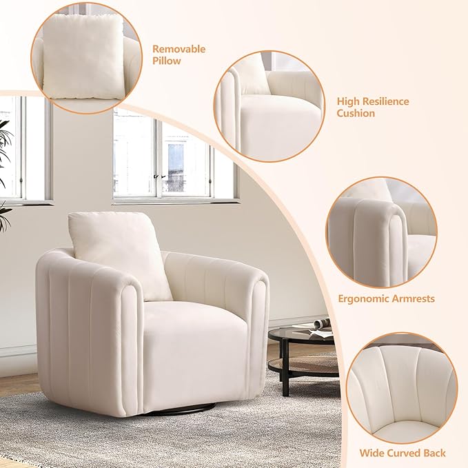 CANMOV Swivel Accent Chair Set of 2360-degree Swivel Barrel Chair with Curve Backrest Comfy Velvet Pumpkin-Shaped Round Armchair Modern Single Sofa for Living RoomBedroomWaiting RoomWhite