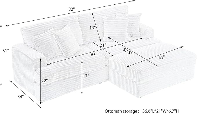 82 Inches Corduroy Square Arms Loveseat Sofa with One Storage Ottoman Comfy Deep Seat Modular Sectional Futon Couch with 4 Throw Pillows for Living Room Bedroom Office (Black)