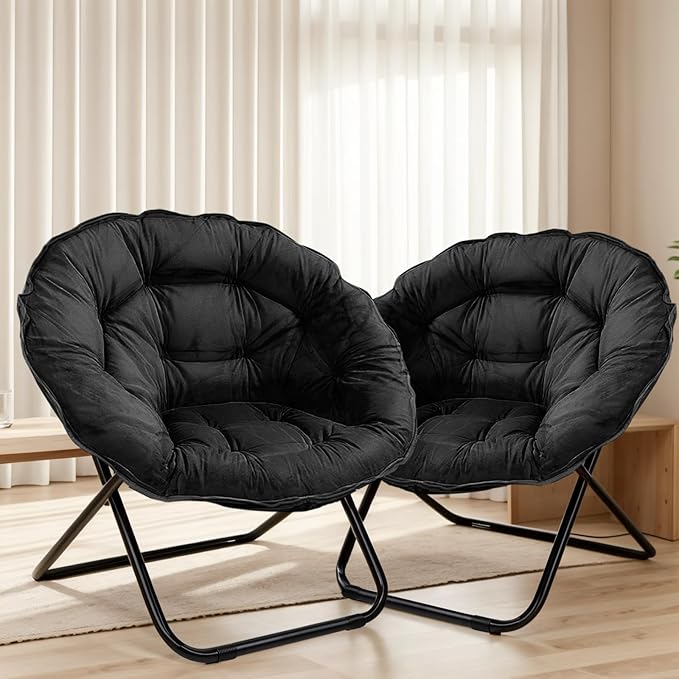Grezone Folding Saucer Chair Oversized Lazy Moon Chair with Metal Frame Comfy Bedroom Chairs for Bedroom Living Room Study Black JC