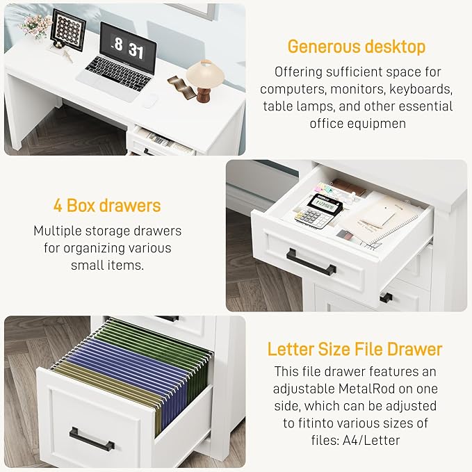 Vabches Farmhouse 49” Executive Desk with File Drawer 4 Drawers Reversible Computer Desk with Storage Rustic Home Writing Workstation for Home Office Cream White